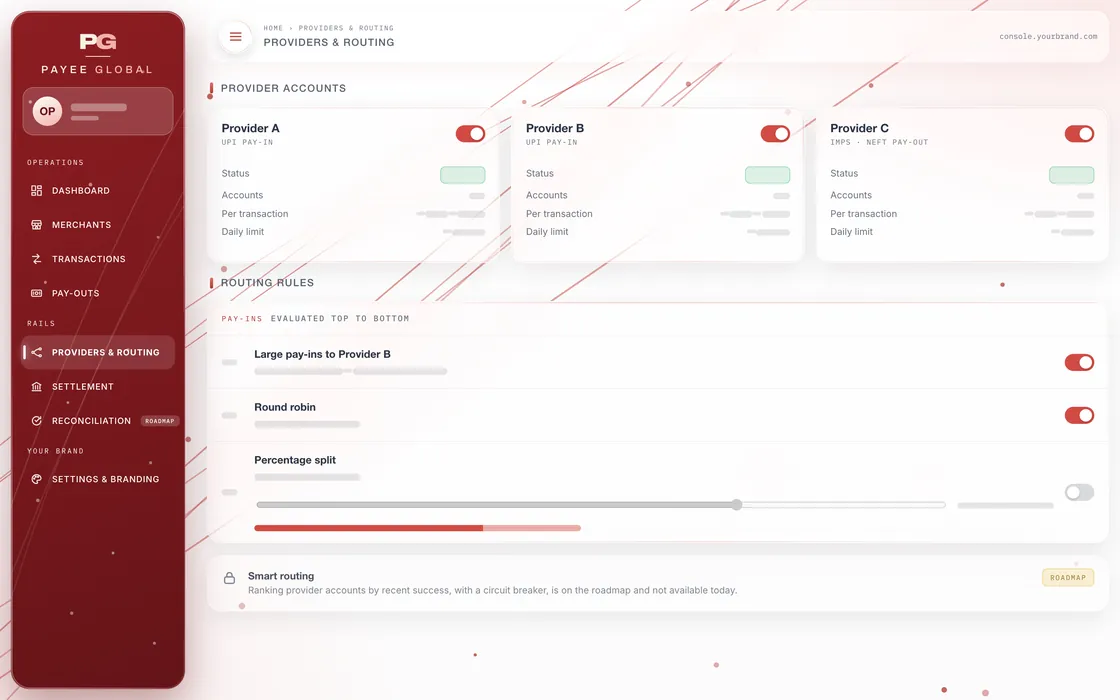 Providers & routing screen of the admin back office, values hidden