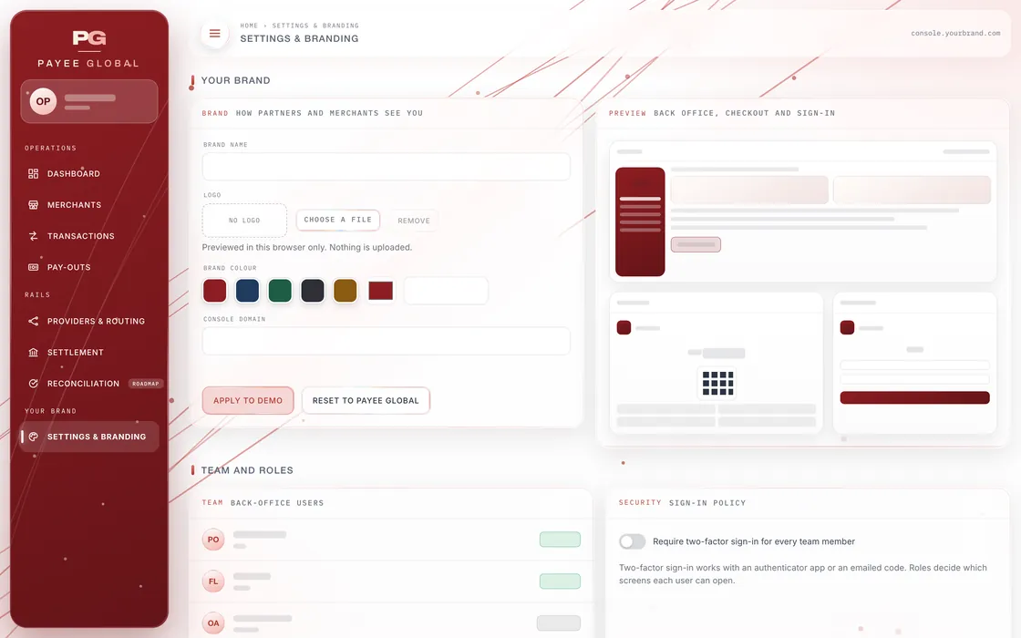 Settings & branding screen of the admin back office, values hidden